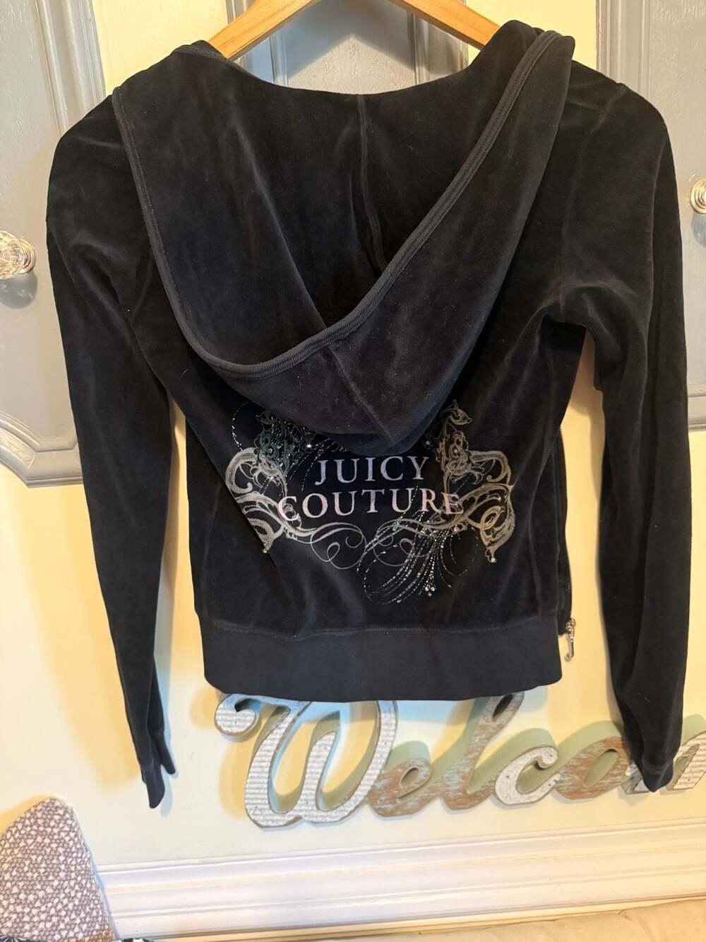 Juicy Couture Velour Y2K Hoodie Size Petite Black Rhinestone Logo